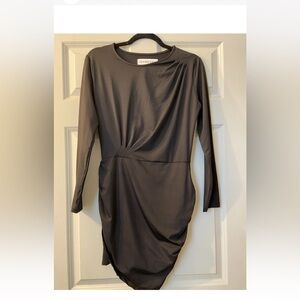 Long Sleeve Black Draped Midi Dress